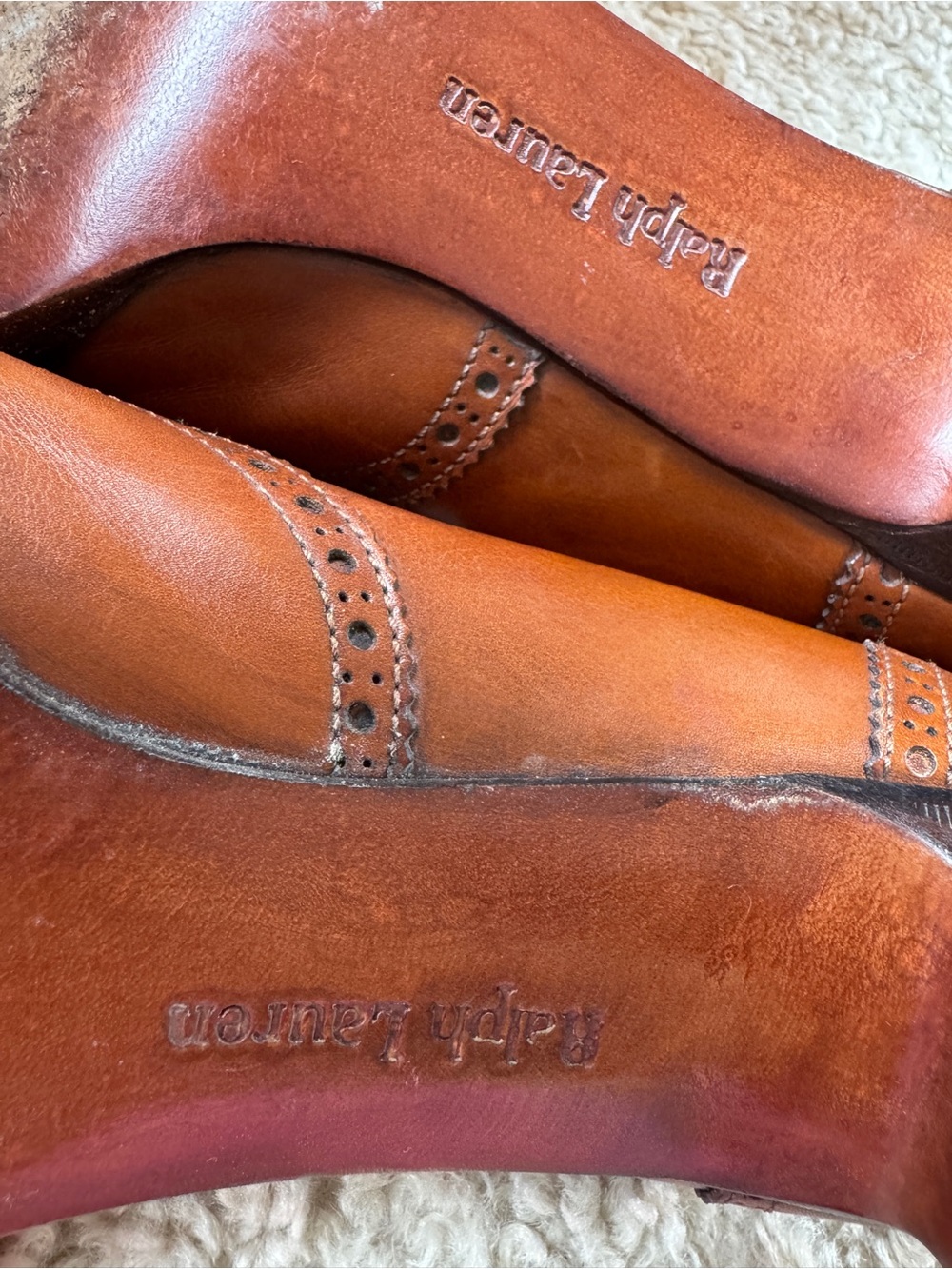 Ralph Lauren burnished tan wingtip heels shoes - Picture 7 of 13